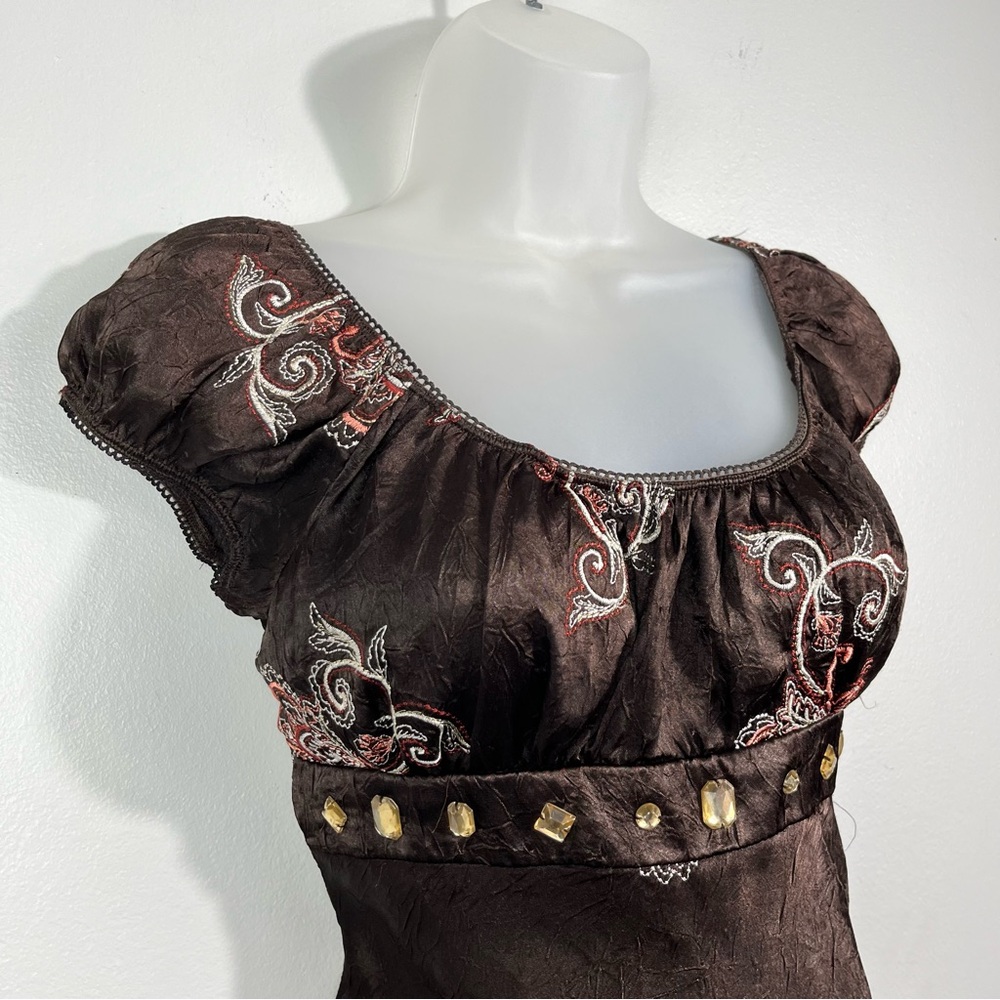 Heart Soul Y2K Vintage Brown Silky Babydoll Puff Sleeve Rhinestone Top Fairy M - Picture 2 of 6